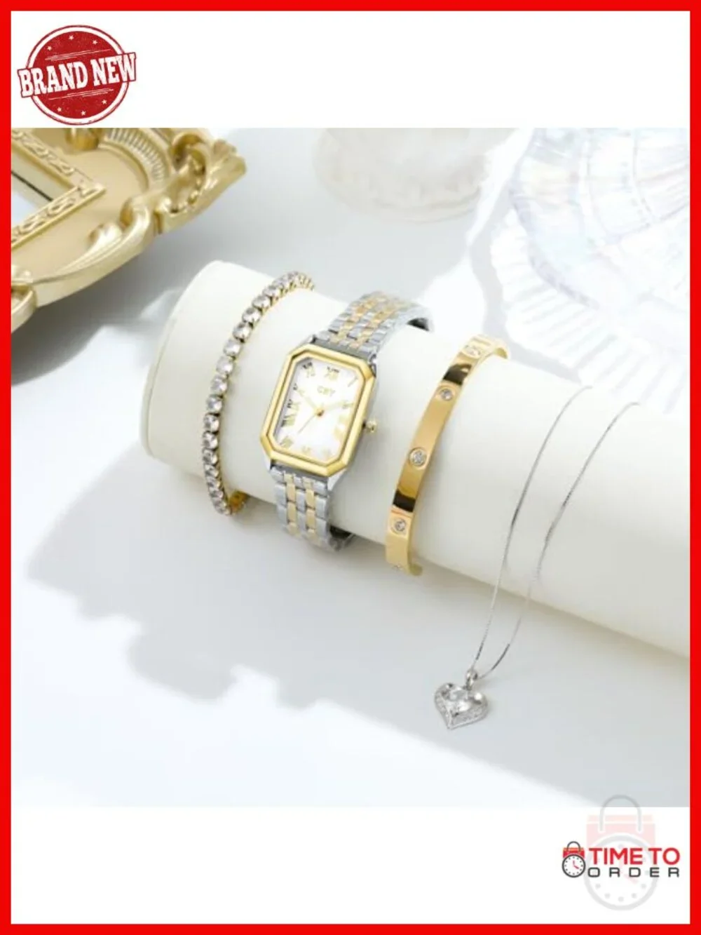 Luxury Jewelry Set with Watch, Necklace, Bracelet, Preserved Roses, Solid Wood